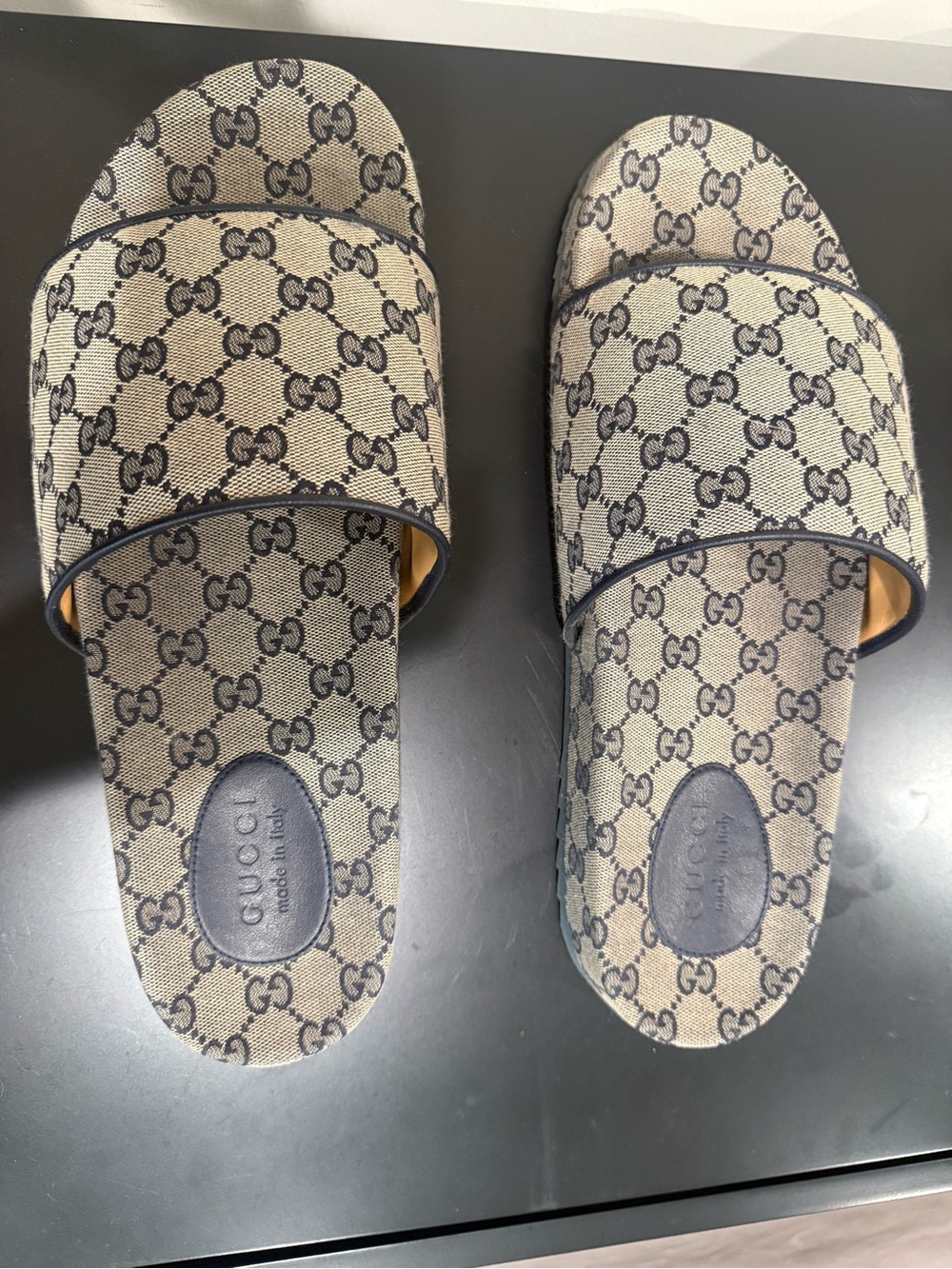 Gucci Beige and Brown GG Canvas Slide Sandals